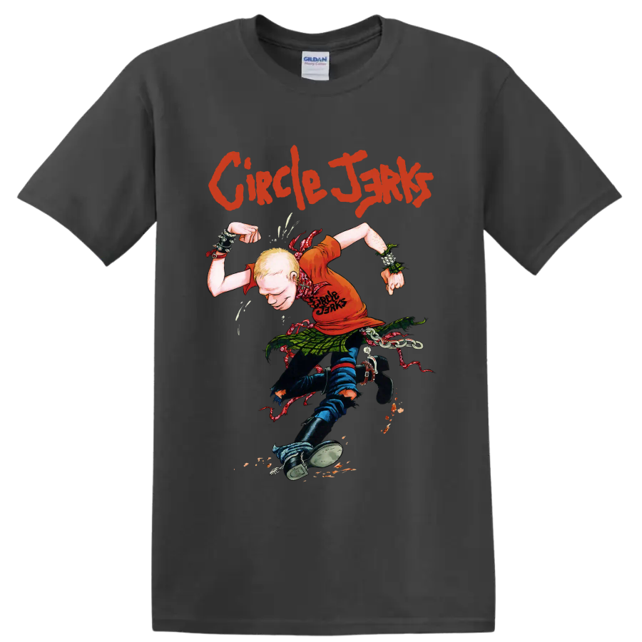 Circle Jerks punk rock graphic with illustrated figure and distressed lettering on a Charcoal T Shirt