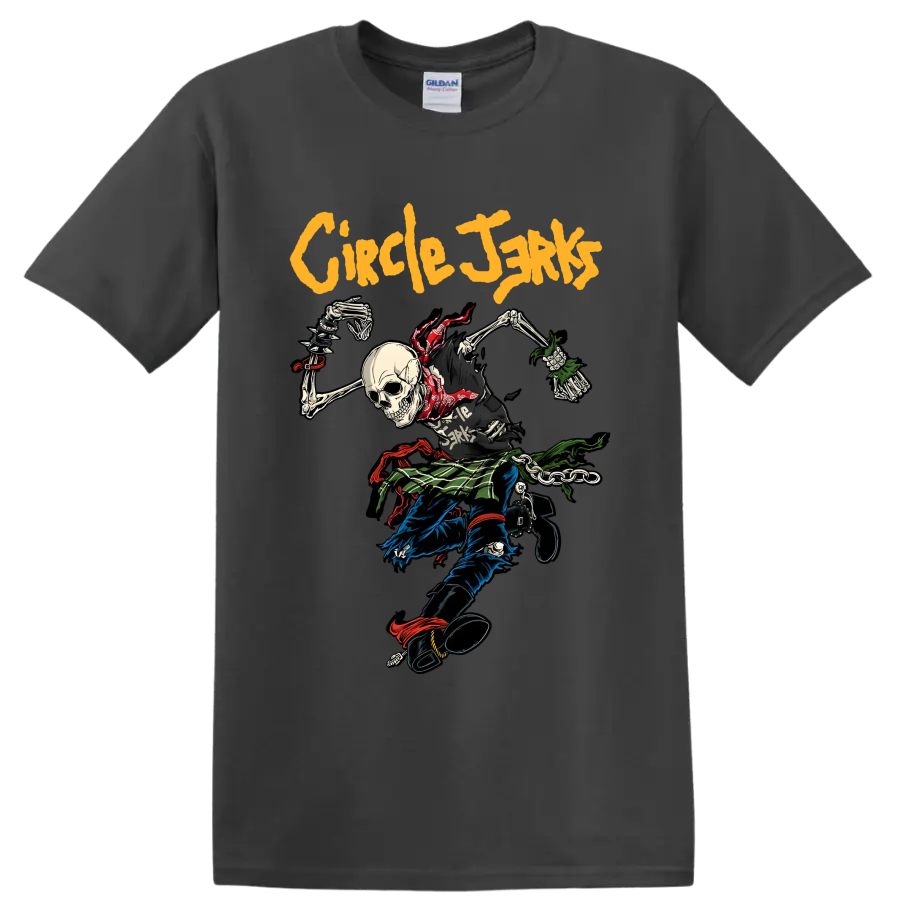 Circle Jerks punk rock skeleton graphic with bold yellow lettering on a Charcoal T Shirt