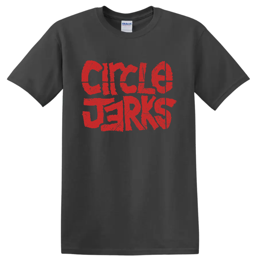 Distressed red Circle Jerks punk rock band lettering graphic on a Charcoal T Shirt