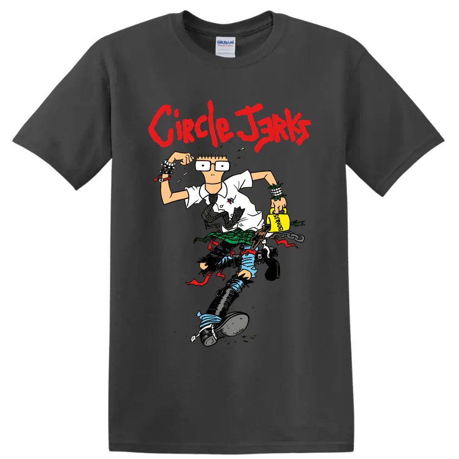 Circle Jerks red lettering with cartoon punk character graphic on a Charcoal T Shirt