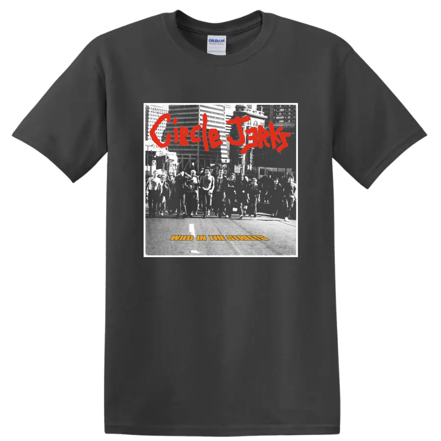 Circle Jerks distressed punk rock band graphic with red lettering on a Charcoal T Shirt