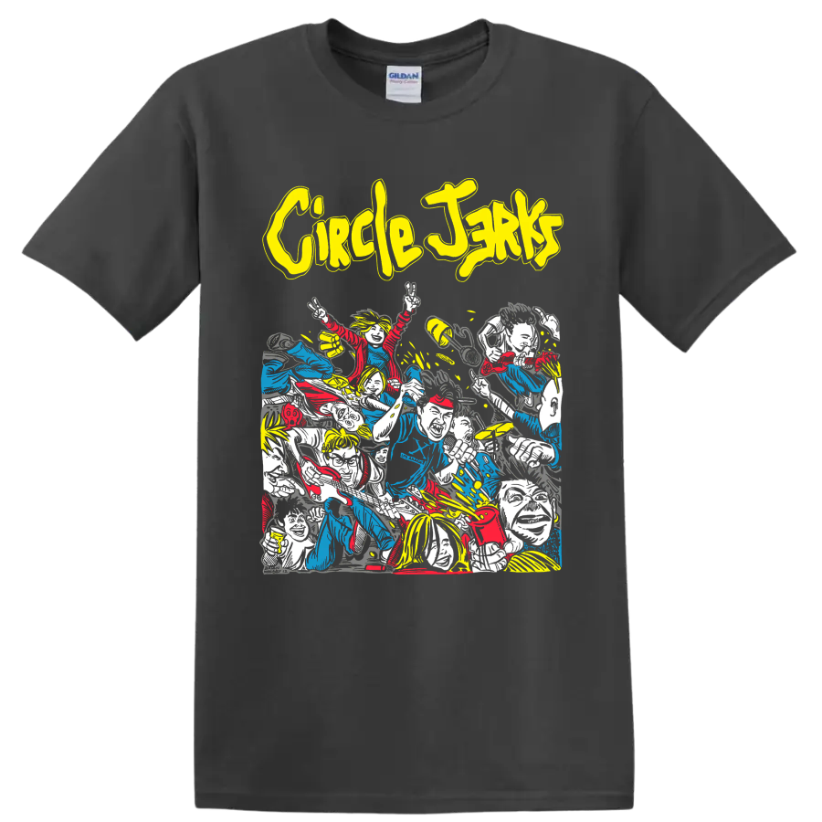 Circle Jerks punk rock band crowd artwork with bold yellow lettering on a Charcoal T Shirt