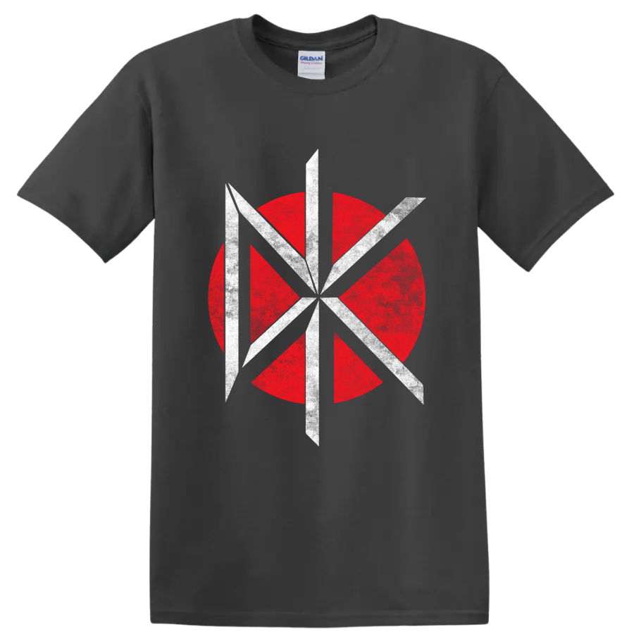 Dead Kennedys red and white geometric punk rock band logo on a Charcoal T Shirt