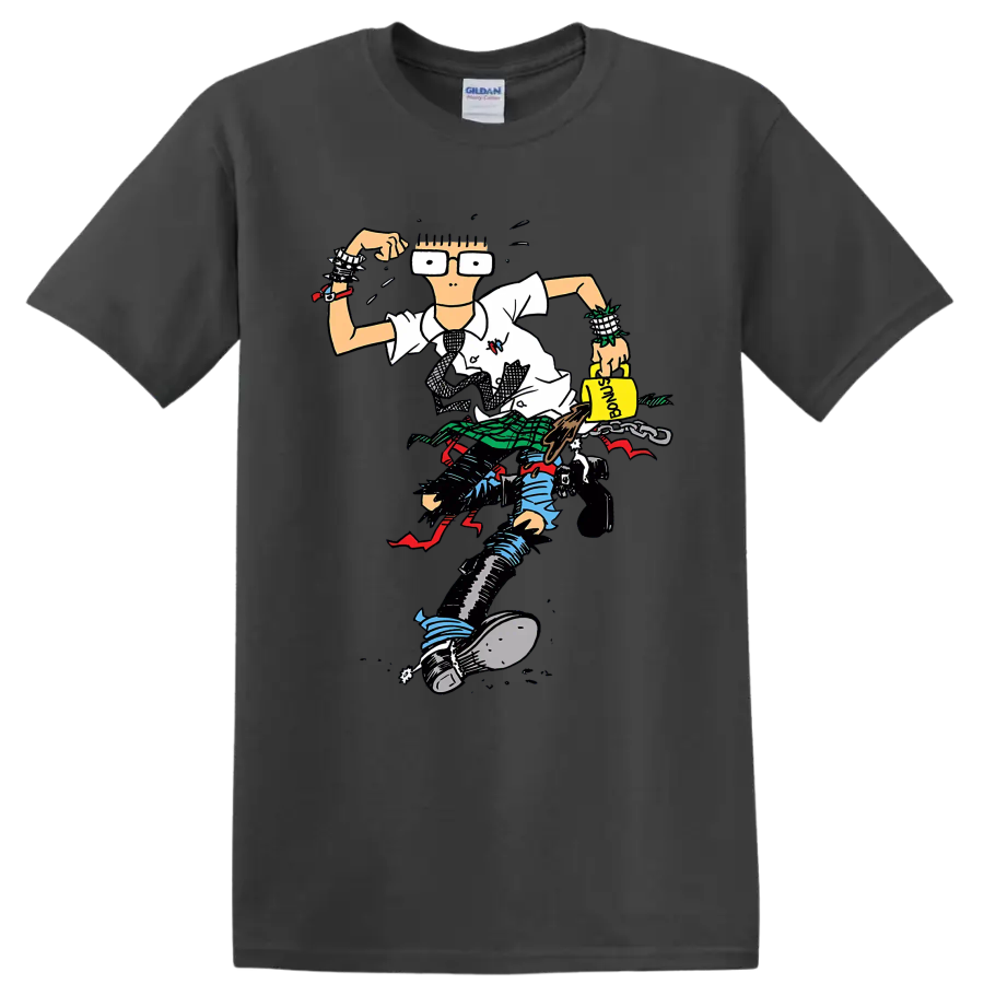 Descendents punk rock character illustration with oversized glasses and plaid details on a Charcoal T Shirt