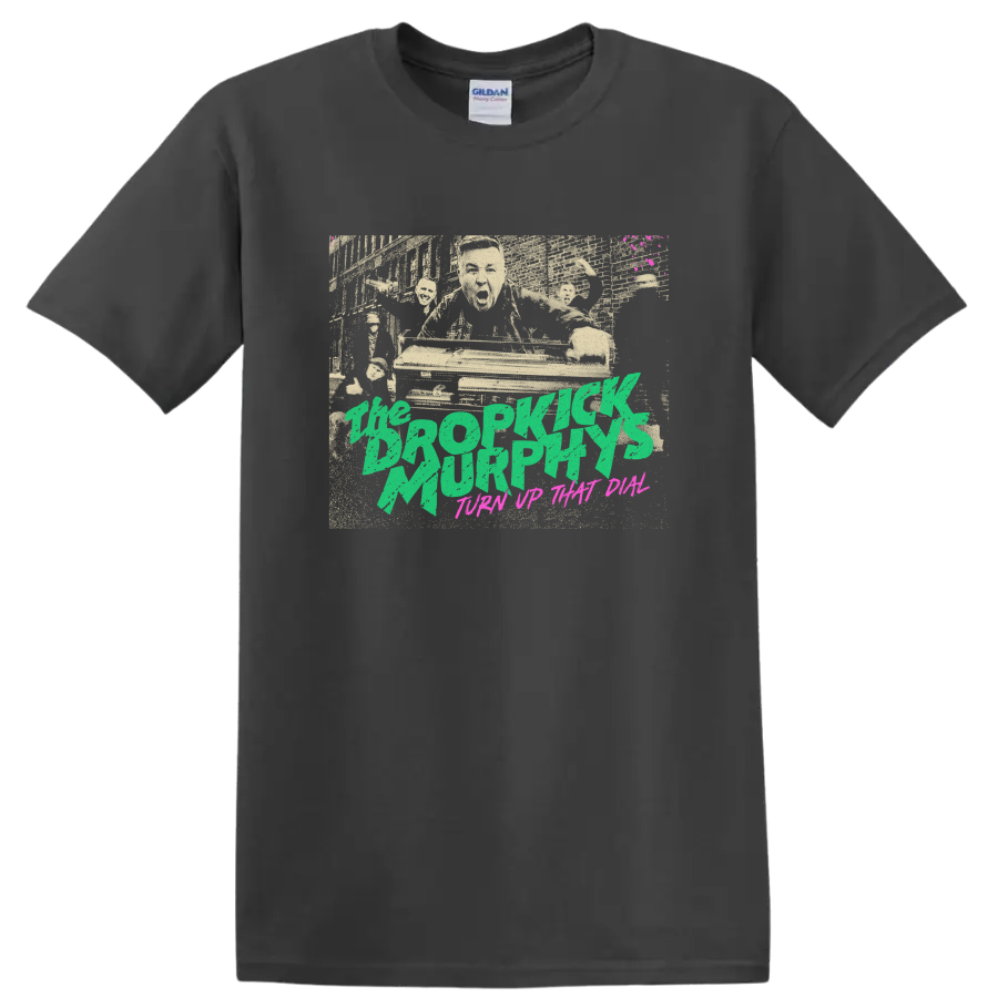Dropkick Murphys distressed punk rock graphic with green lettering on a Charcoal T Shirt