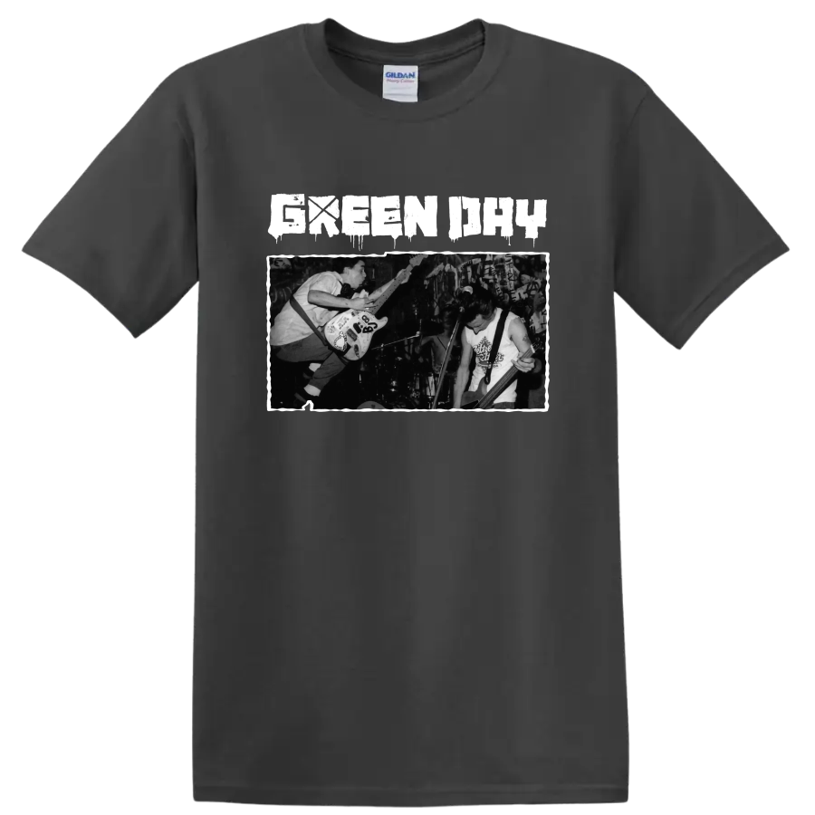 Green Day punk rock live performance graphic with guitarists on stage on a Charcoal T Shirt