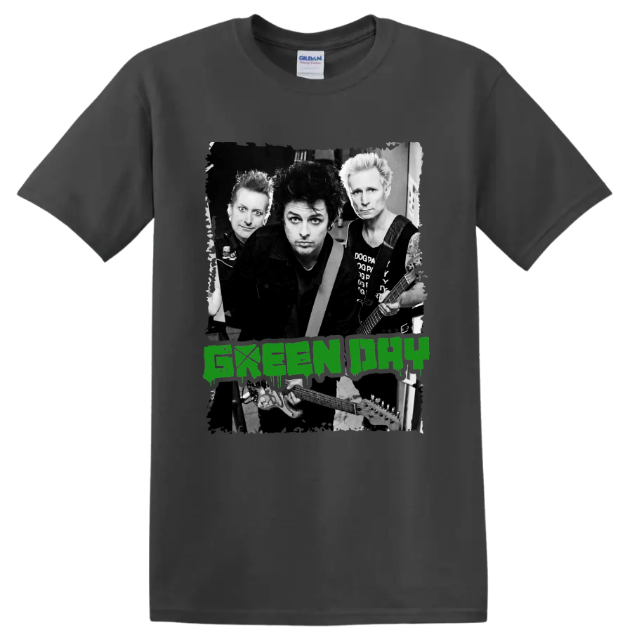 Green Day punk rock band portrait with guitars and distressed green lettering on a Charcoal T Shirt