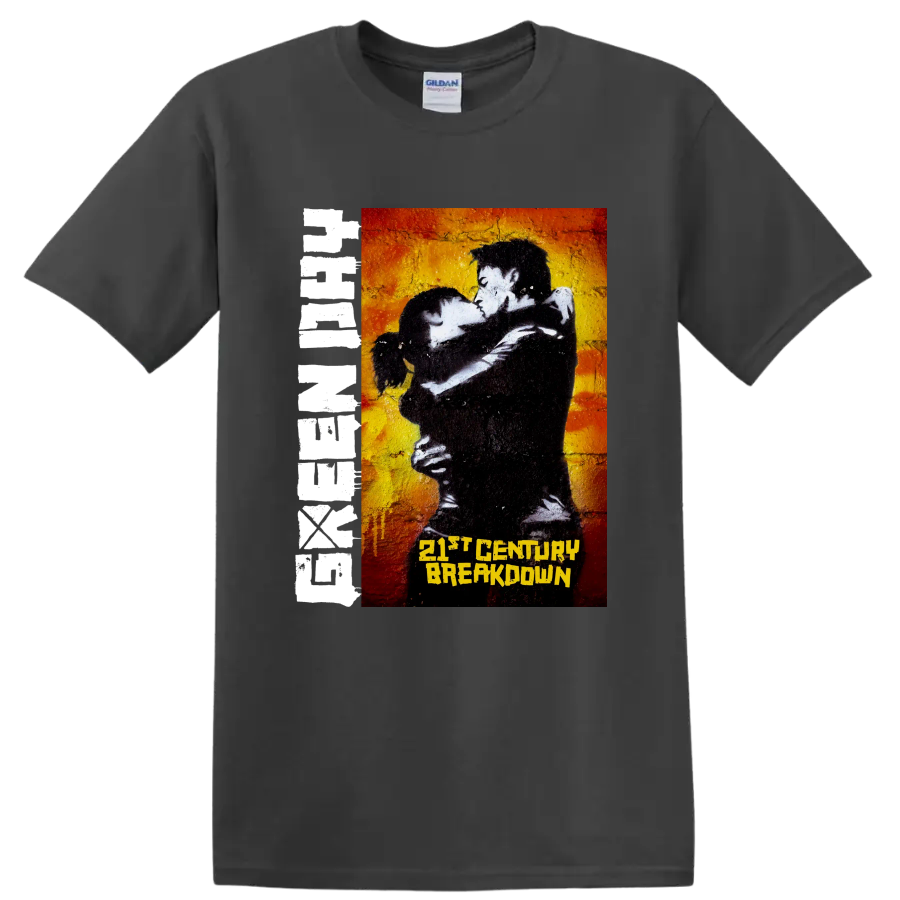 Green Day 21st Century Breakdown punk rock graphic with embracing couple on a Charcoal T Shirt