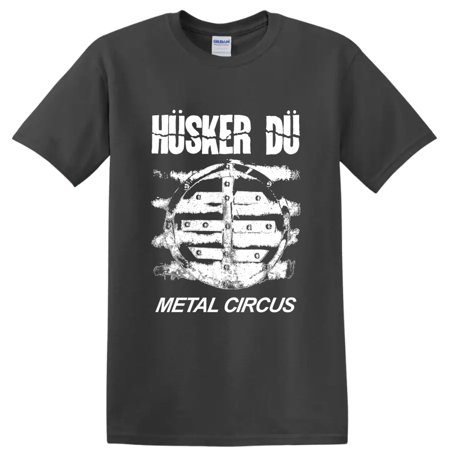 Husker Du punk rock graphic with bold band lettering and illustrated figure on a Charcoal T Shirt