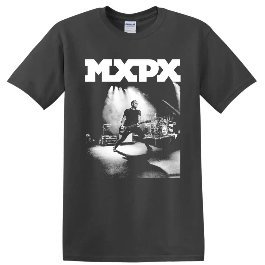 MxPx punk rock graphic print with bold lettering and monochrome illustration on a Charcoal T Shirt