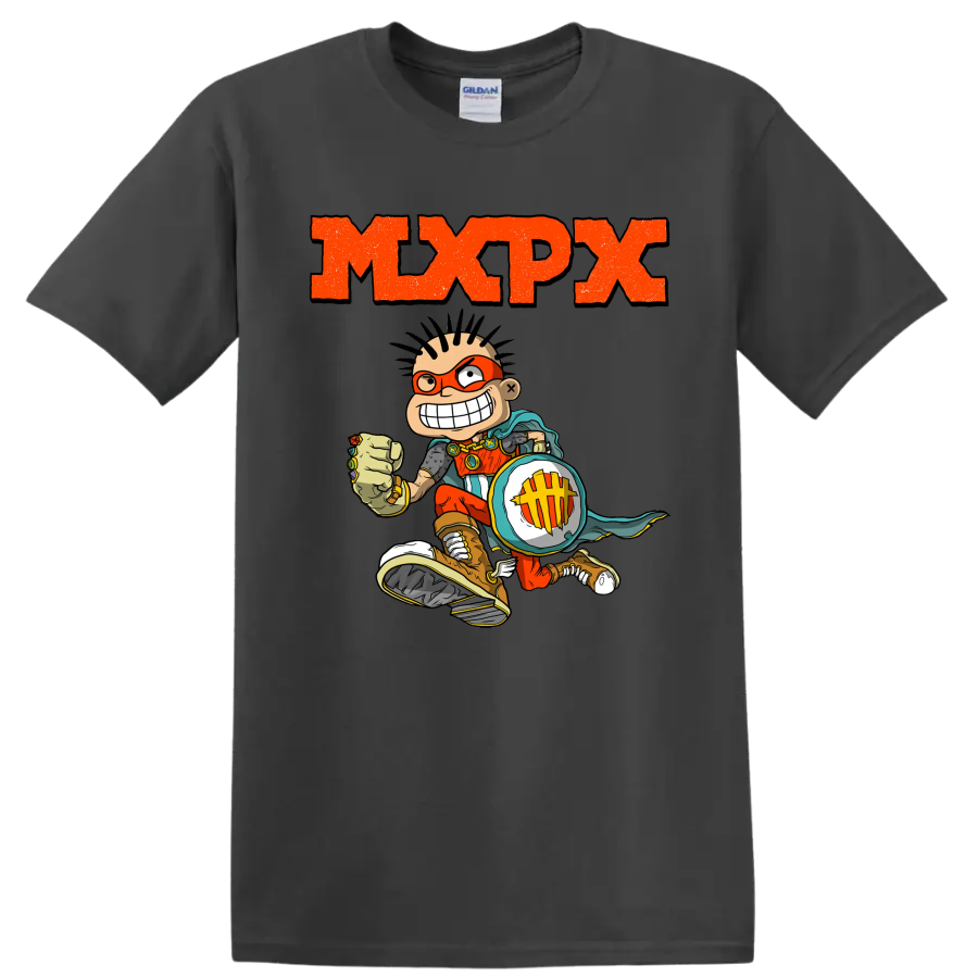 MxPx punk rock graphic with comic skateboarder and distressed orange lettering on a Charcoal T Shirt