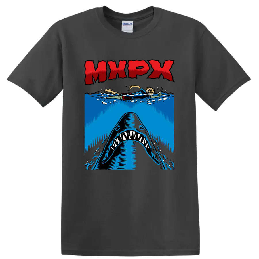 MxPx punk rock shark graphic with swimmer and ocean waves on a Charcoal T Shirt