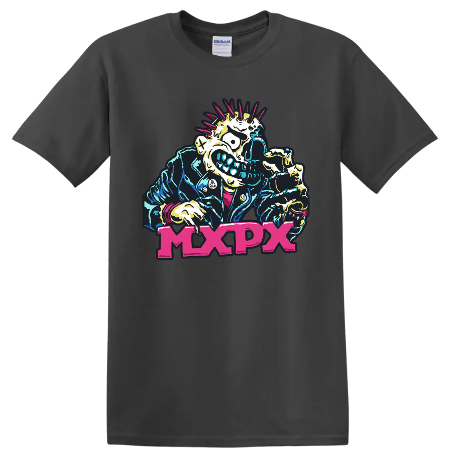 MxPx punk rock mohawked skeleton graphic with bold pink lettering on a Charcoal T Shirt