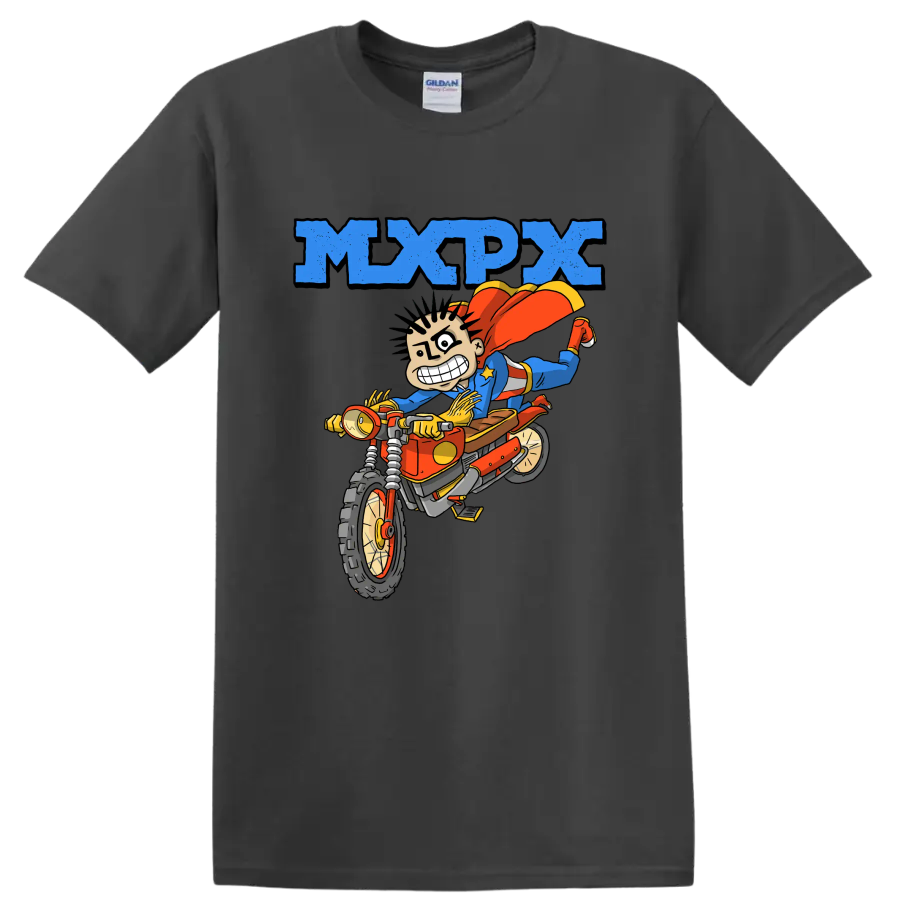 MxPx punk rock cartoon rider on dirt bike graphic on a Charcoal T Shirt