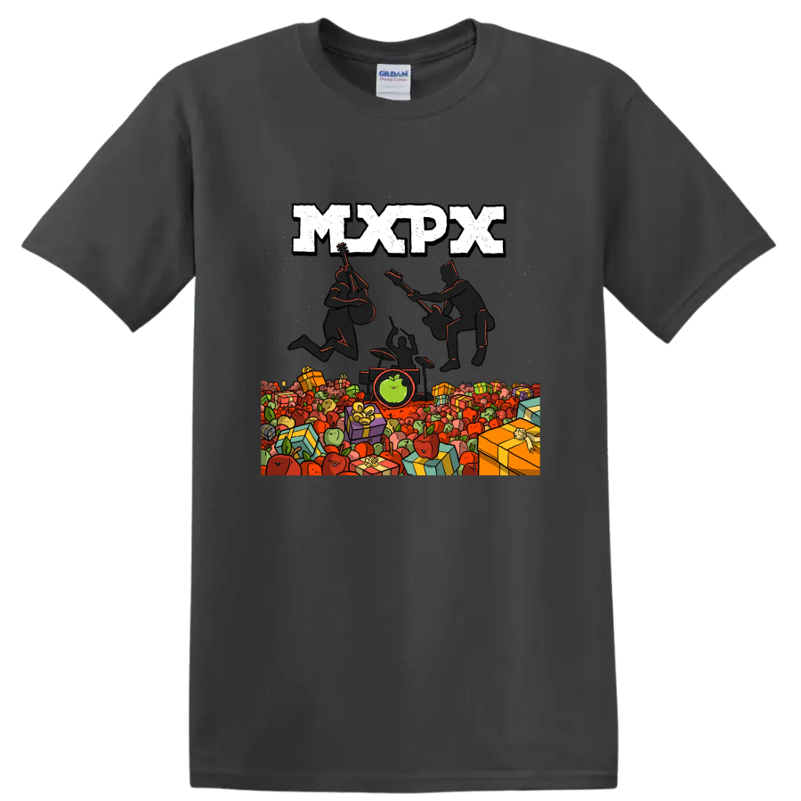 MxPx punk rock graphic with musicians, apples, and wrapped gifts on a Charcoal T Shirt