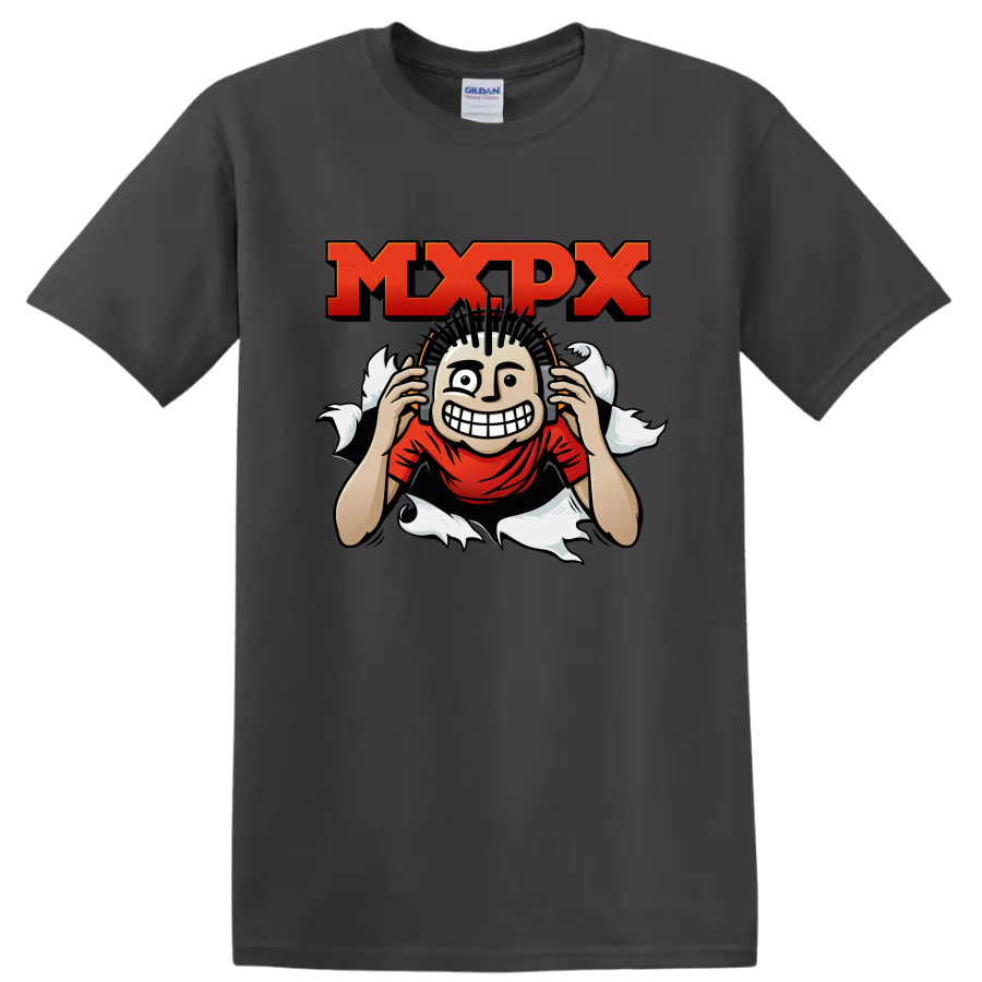 MxPx punk rock graphic with distressed lettering and grinning mohawk character on a Charcoal T Shirt