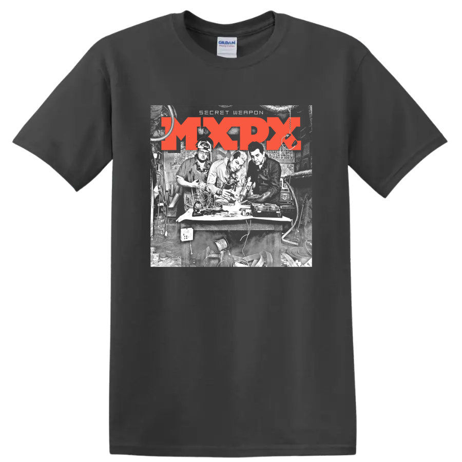 Distressed red MxPx punk rock band logo graphic on a Charcoal T Shirt