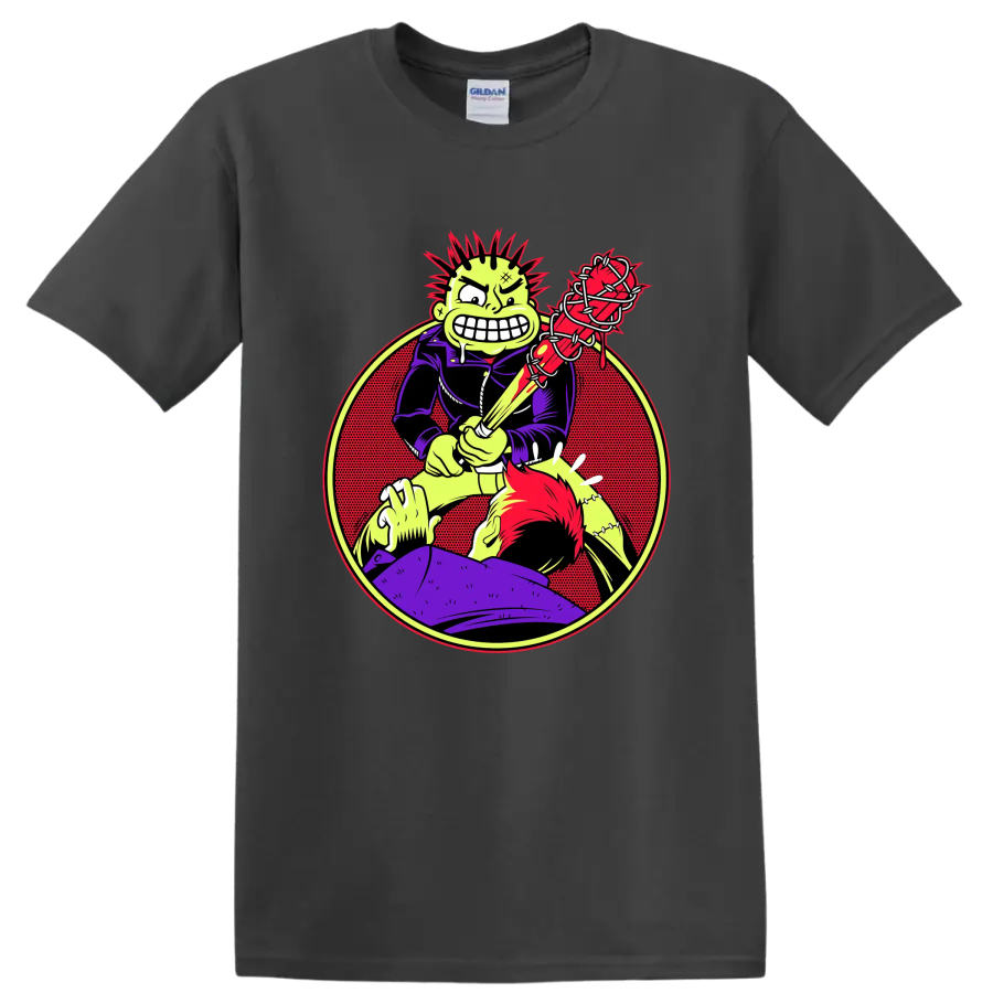 MxPx punk rock character with barbed wire bat graphic on a Charcoal T Shirt