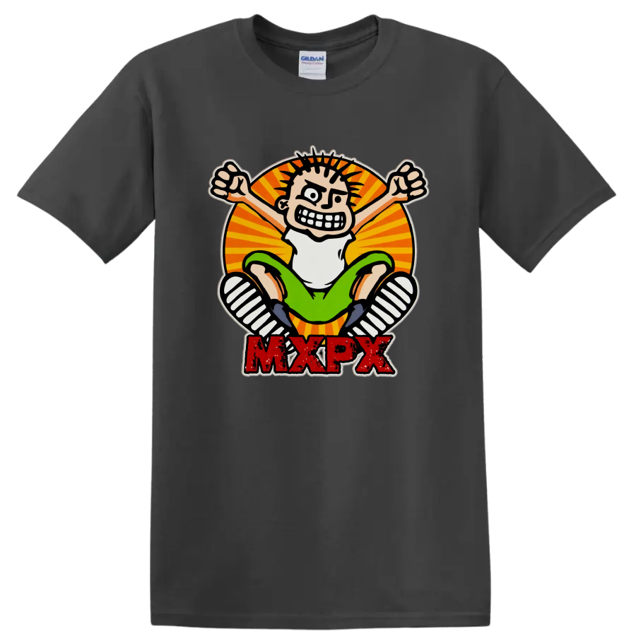 MxPx punk rock cartoon skateboard graphic with distressed red lettering on a Charcoal T Shirt