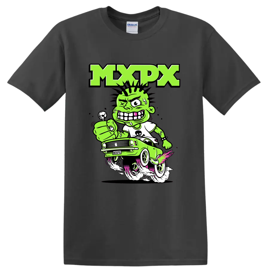 MxPx punk rock cartoon car graphic with green character on a Charcoal T Shirt