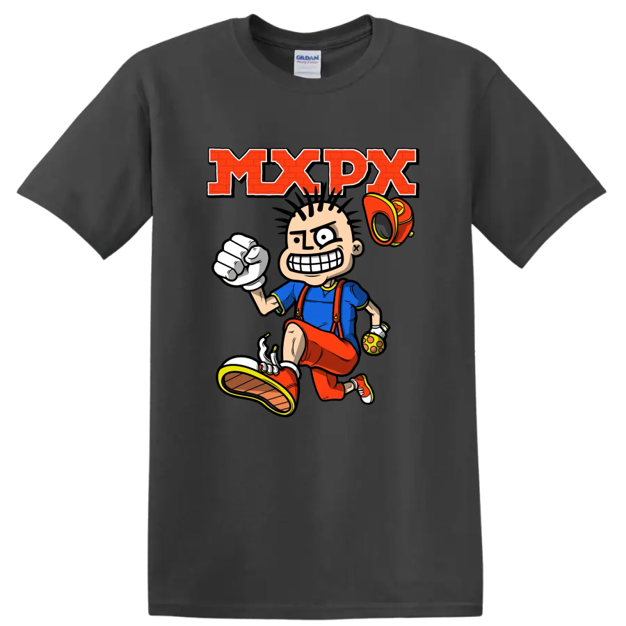 MxPx punk rock cartoon skateboarder graphic with bold red lettering on a Charcoal T Shirt