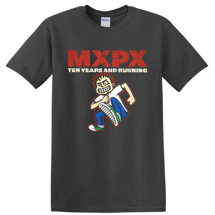MxPx Teenage Politics distressed punk graphic with cartoon character on a Charcoal T Shirt