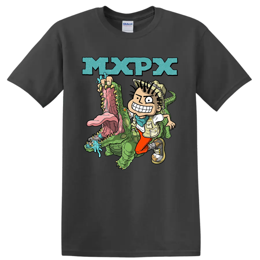 MxPx cartoon punk rock design with character riding a green crocodile on a Charcoal T Shirt