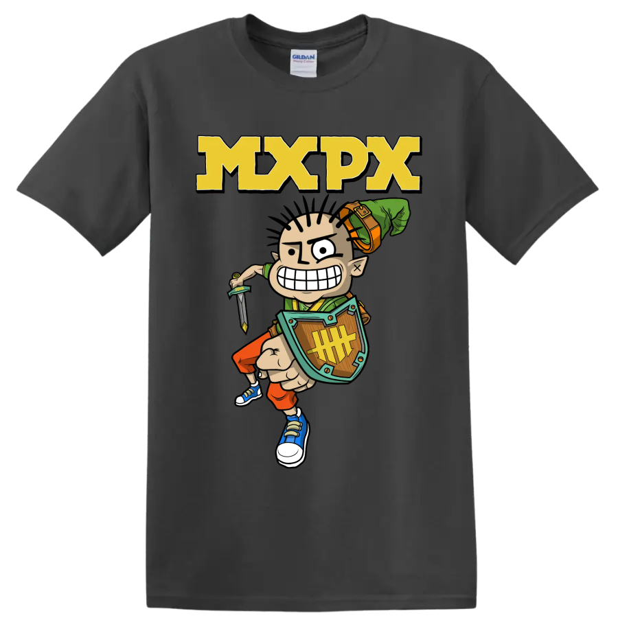 MxPx cartoon warrior punk rock graphic with bold MXPX lettering on a Charcoal T Shirt