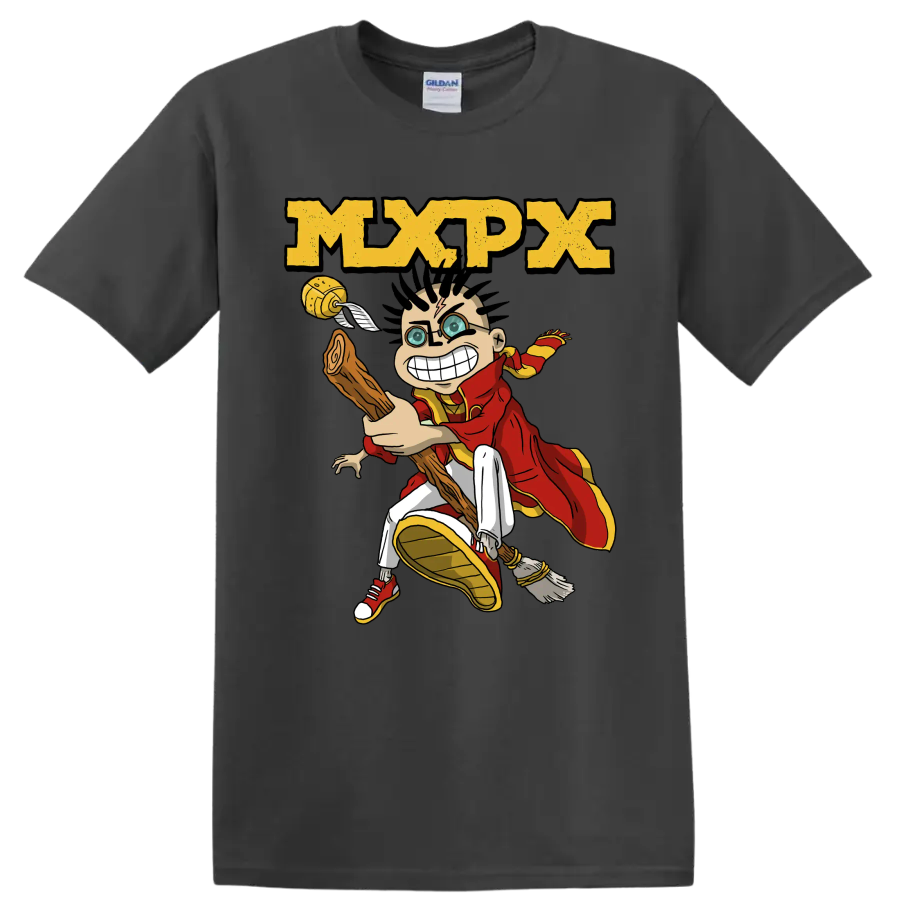 MxPx punk rock cartoon character graphic with distressed logo on a Charcoal T Shirt