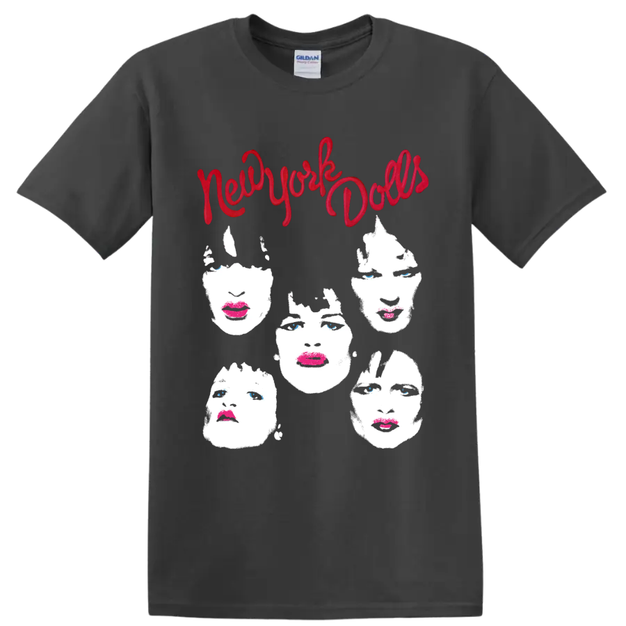 New York Dolls punk rock graphic with red script and five stylized faces on a Charcoal T Shirt