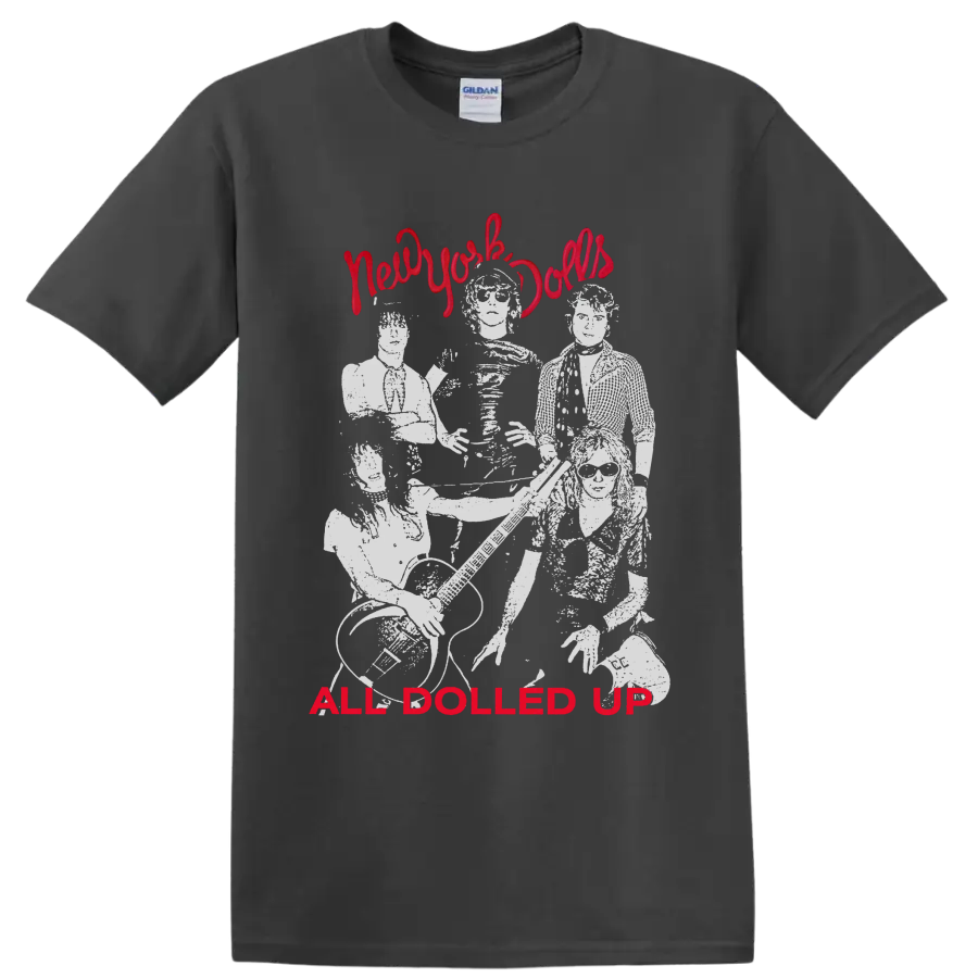 New York Dolls punk rock band portrait with All Dolled Up text on a Charcoal T Shirt