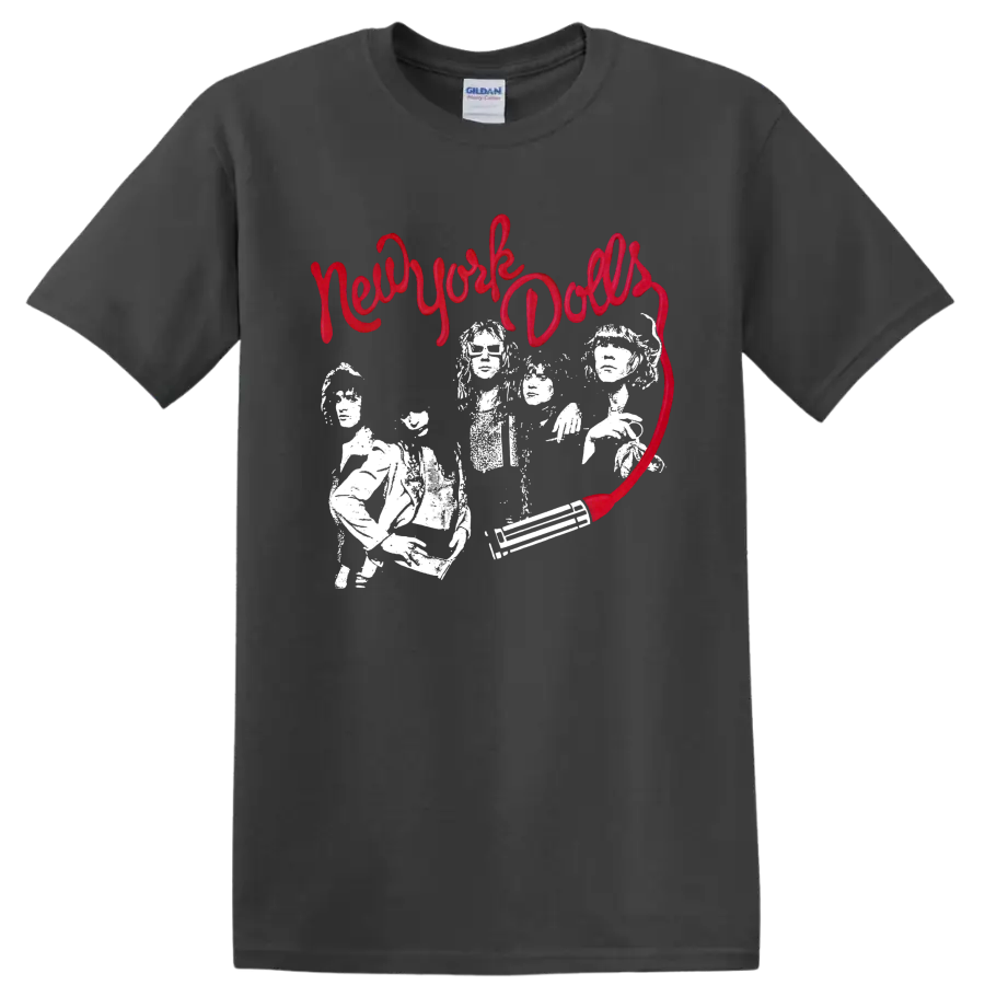 New York Dolls punk rock graphic with red script and white performers on a Charcoal T Shirt