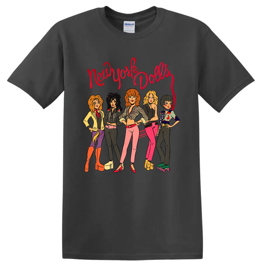 New York Dolls illustrated punk rock band graphic with red script lettering on a Charcoal T Shirt