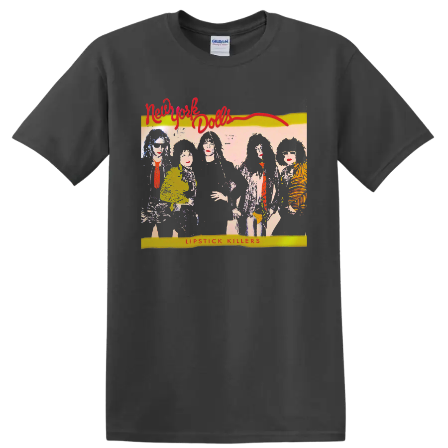 New York Dolls illustrated punk band graphic with Lipstick Killers text on a Charcoal T Shirt