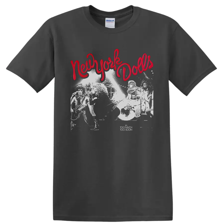 New York Dolls distressed punk rock graphic with red script lettering on a Charcoal T Shirt