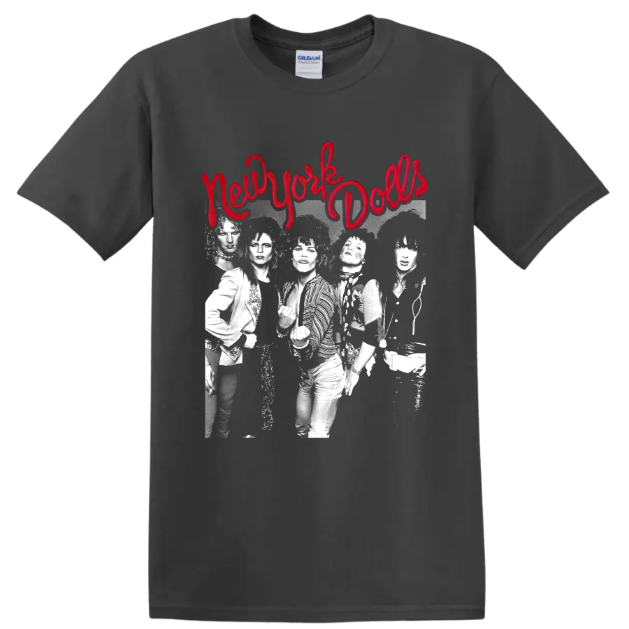 New York Dolls punk rock graphic with red script and band photo on a Charcoal T Shirt