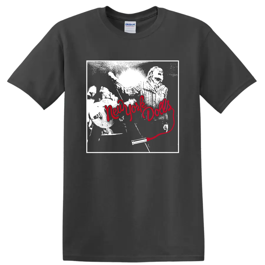 New York Dolls punk rock band portrait with bold red script graphic on a Charcoal T Shirt