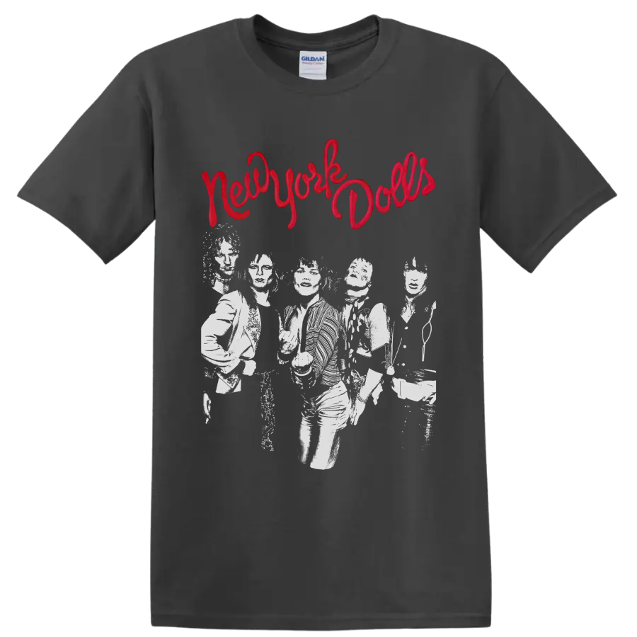 New York Dolls distressed punk rock band graphic with red script lettering on a Charcoal T Shirt
