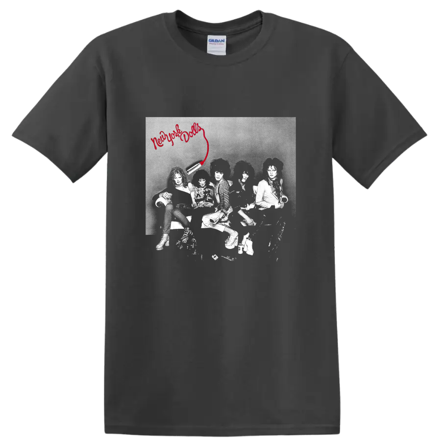 New York Dolls punk rock graphic with red script and band photo on a Charcoal T Shirt