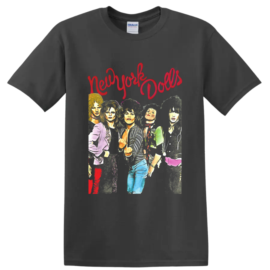 New York Dolls colorful punk rock band portrait with red script lettering on a Charcoal T Shirt