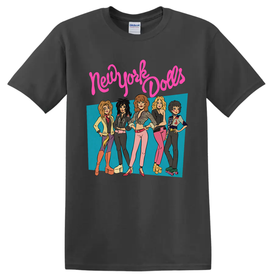 New York Dolls punk rock band graphic with five performers and pink lettering on a Charcoal T Shirt