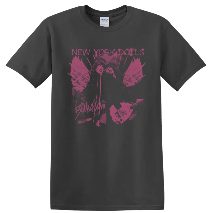 New York Dolls distressed punk rock graphic with illustrated figures and guitars on a Charcoal T Shirt