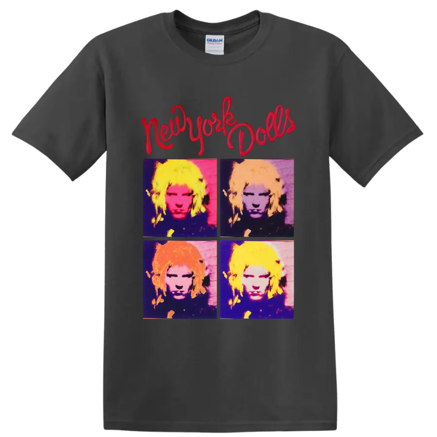New York Dolls four-panel pop art portrait with red script lettering on a Charcoal T Shirt