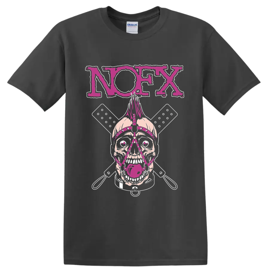NOFX punk rock skull graphic with magenta lettering and crossed elements on a Charcoal T Shirt