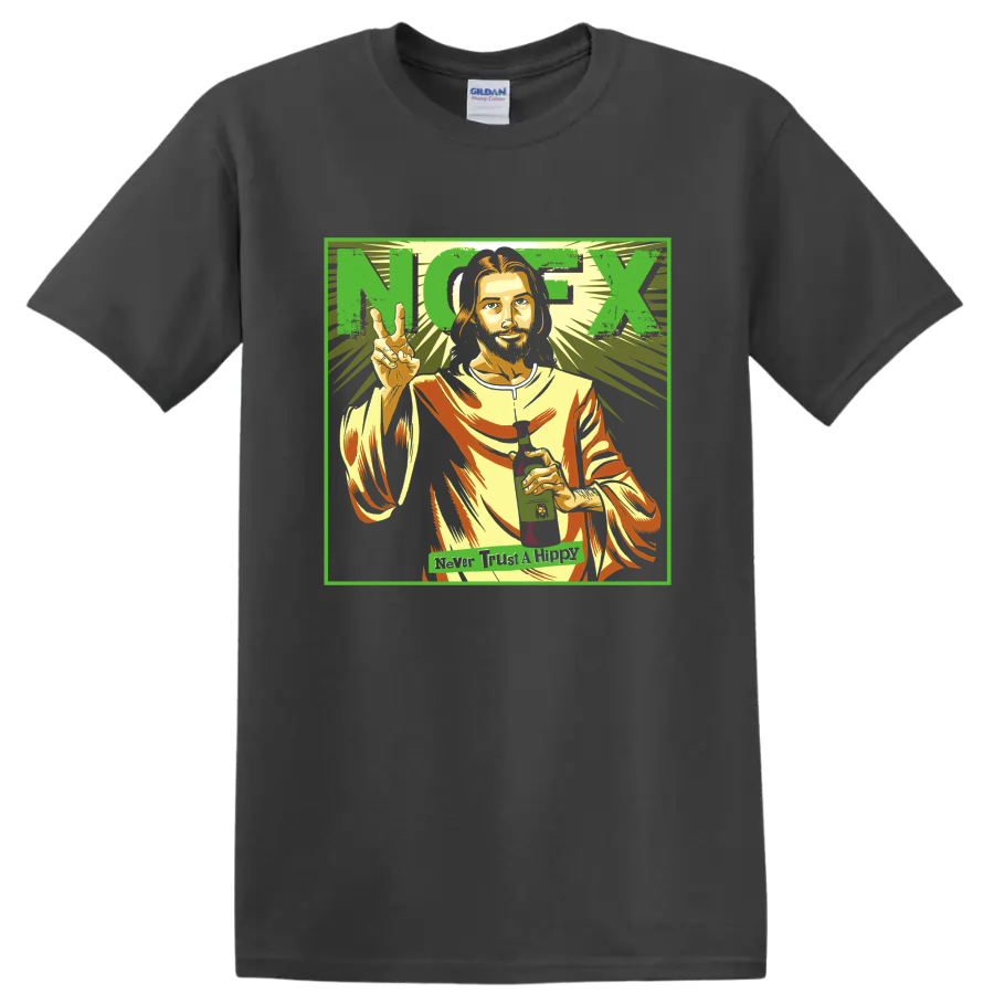 NOFX punk rock portrait graphic with peace sign and bold lettering on a Charcoal T Shirt
