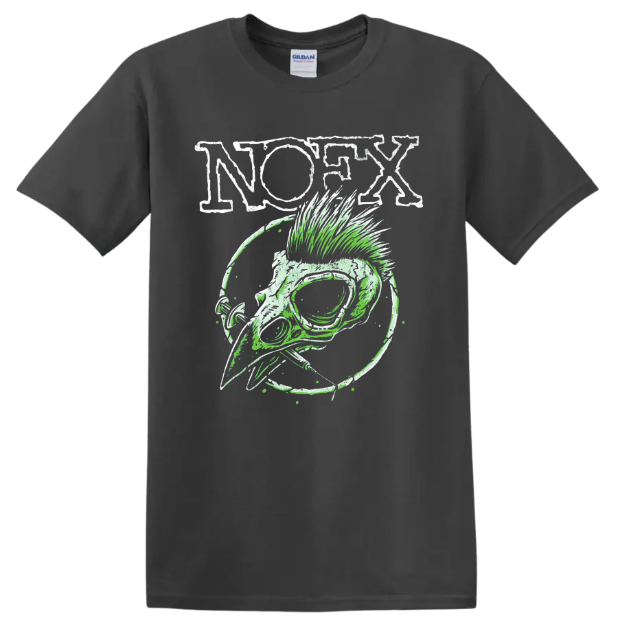 NOFX punk rock skull graphic with distressed lettering and green linework on a Charcoal T Shirt