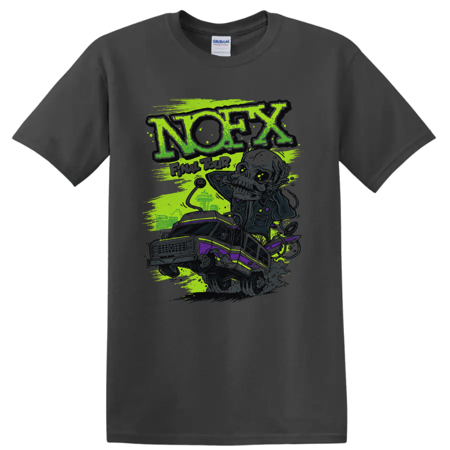 NOFX punk rock lowrider graphic with distressed neon green and purple artwork on a Charcoal T Shirt