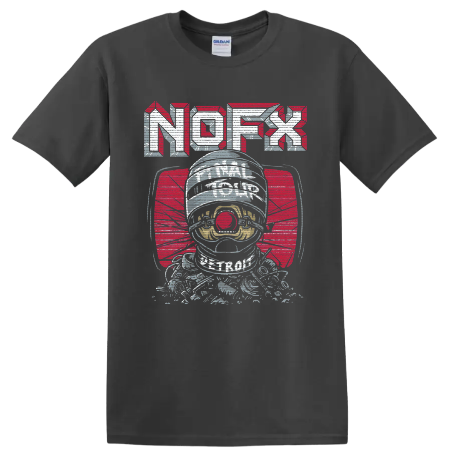 NOFX astronaut graphic with bold red and silver punk rock lettering on a Charcoal T Shirt
