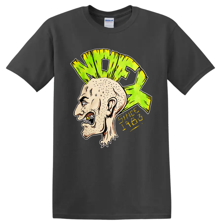 NOFX punk rock illustrated head with bright green mohawk and yellow lettering on a Charcoal T Shirt