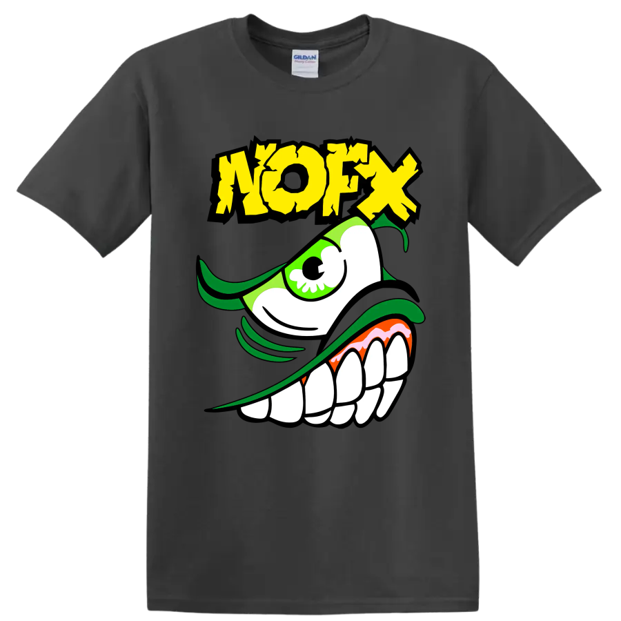 NOFX green monster punk rock graphic with distressed yellow lettering on a Charcoal T Shirt